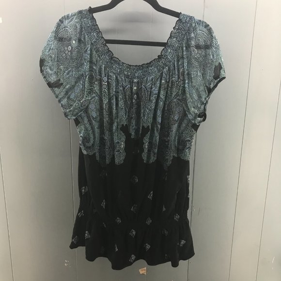 INC teal and black paisley smocked waist peasant top size XL - Picture 3 of 3